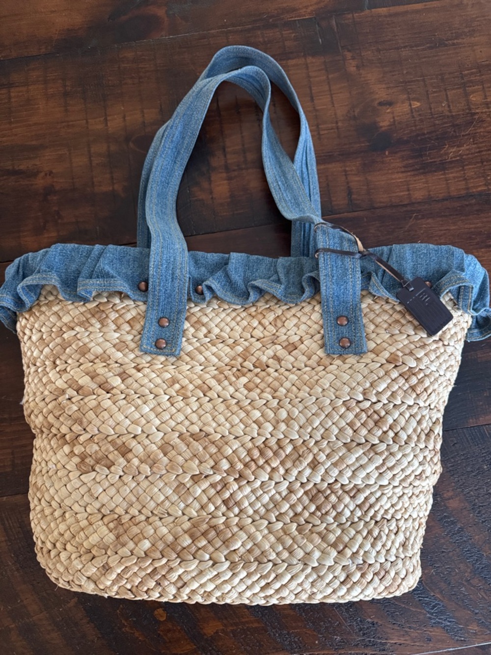 Polo Ralph Lauren Straw Denim Tote Bag Bucket Preppy Summer Carryall Purse RARE